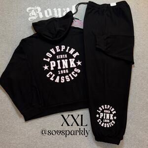 VS PINK Limited Edition Pure Black Pink Classic Fleece Full Zip & Sweatpants Set